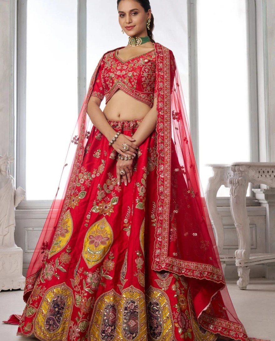 RED - Embroidered, Patch Border, Sequins and Zari Work Silk Lehenga Choli In Red for Engagement